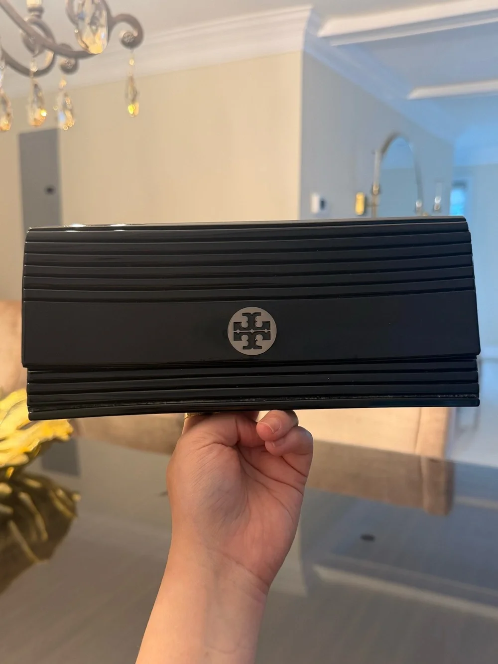Tory Burch Black Patent Ribbed Clutch with Gold Logo